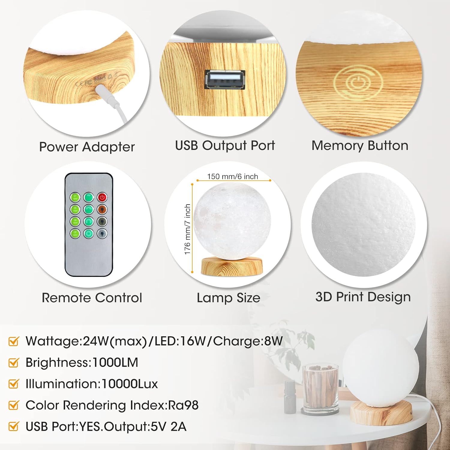 H&B Happy – Lámpara de terapia de luz 10000 LUX, lámpara de luz solar con 3 temperaturas de color, 4 niveles de brillo (redonda)
