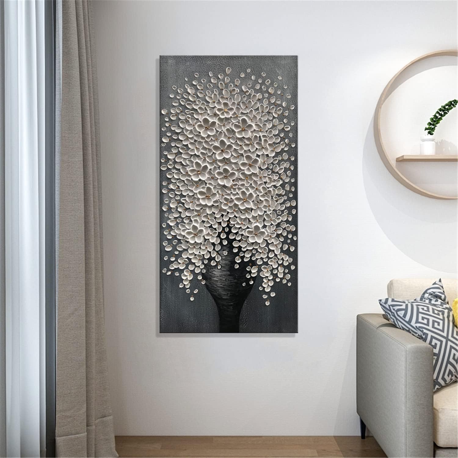 Alenoss Pinturas al óleo abstractas 100% pintadas a mano de 24 x 48 pulgadas, lienzo moderno floral blanco, arte de pared, pinturas verticales 3D,