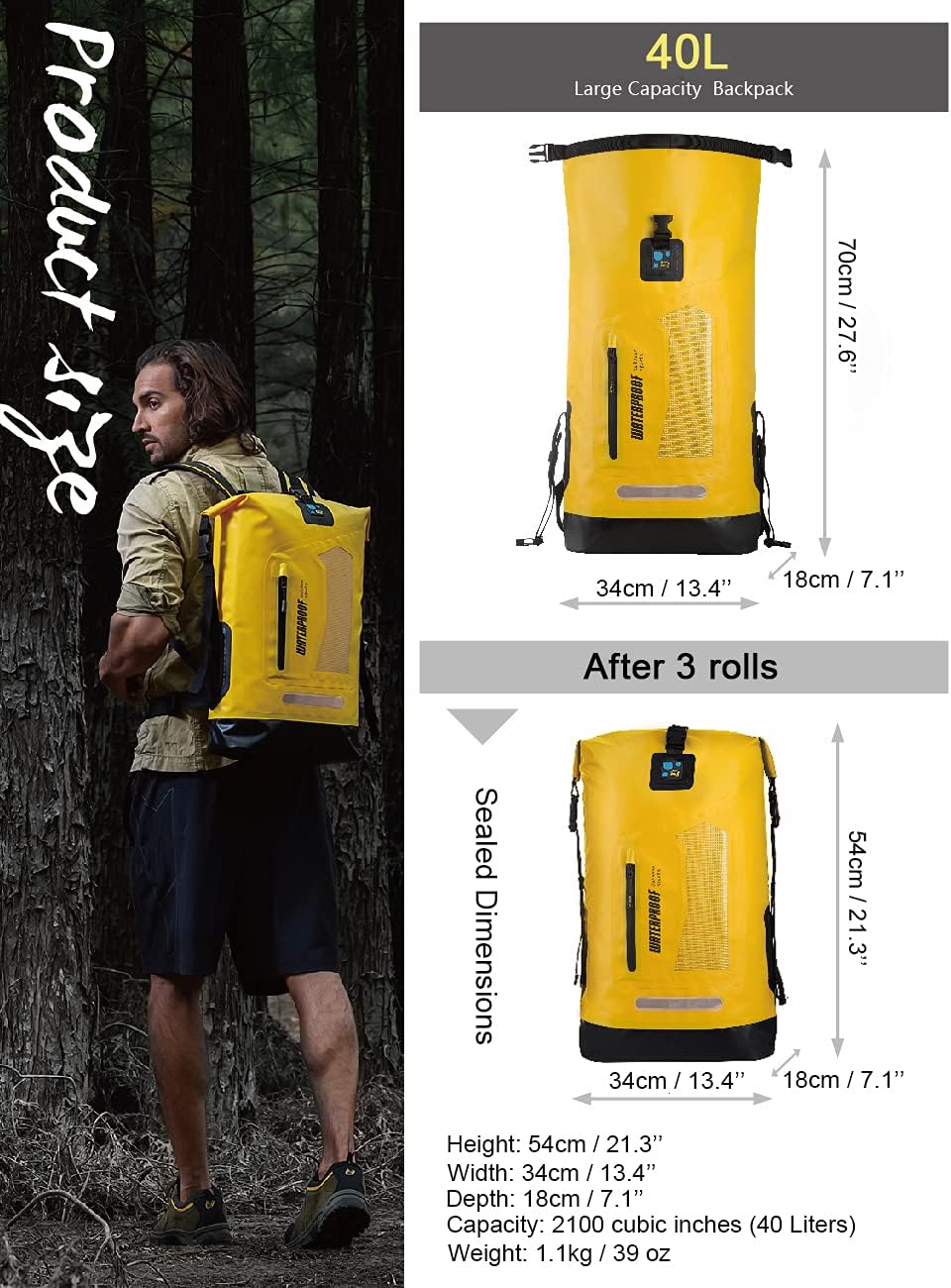 Mochila Idrybag impermeable para deportes acuáticos, saco estanco para senderismo, con tiras de hombros, de 5.28, 7.93 y 10.57 galones