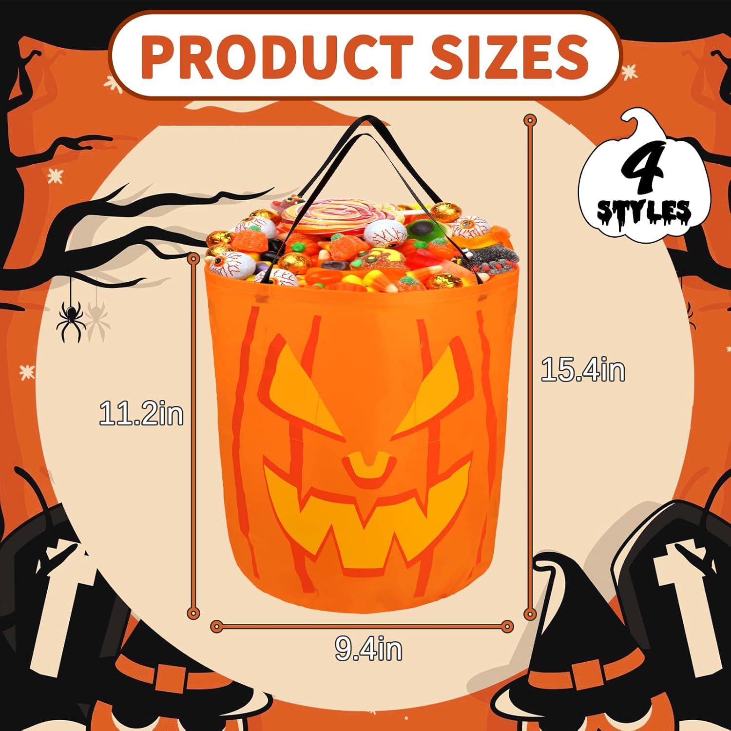 Cubos de Halloween Bolsas de truco o trato, 4 bolsas de dulces de Halloween, cubos de calabaza con luz LED, bolsas de golosinas para niños,