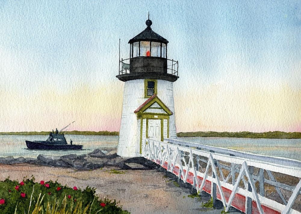 Brant Point Lighthouse Nantucket Massachusetts – Impresiones artísticas de acuarela mate (5 x 7)
