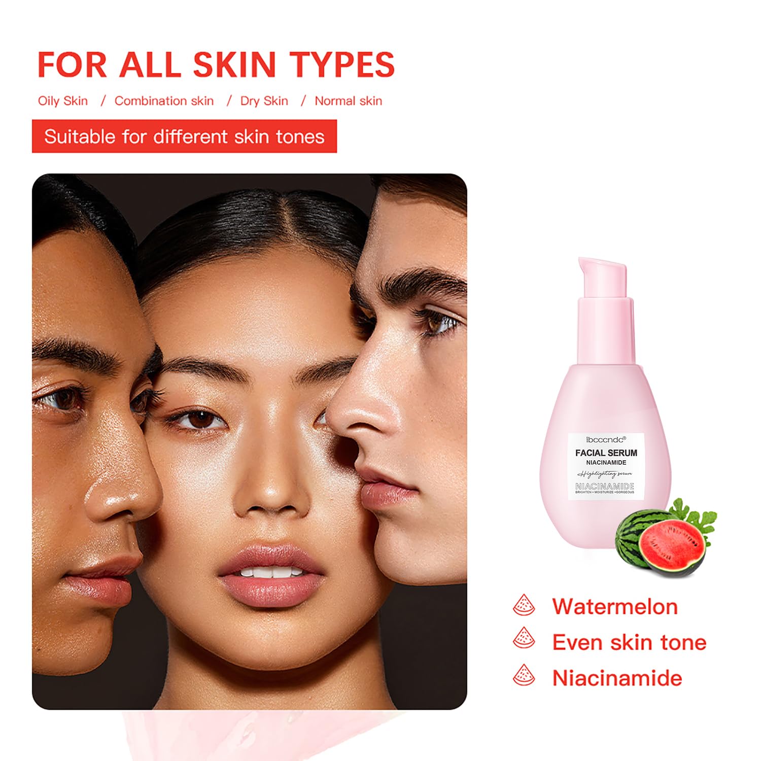 Suero facial hidratante de niacinamida de sandía de 2.0 fl oz, suero facial hidratante con ácido hialurónico, glicerina y vitamina E, iluminador