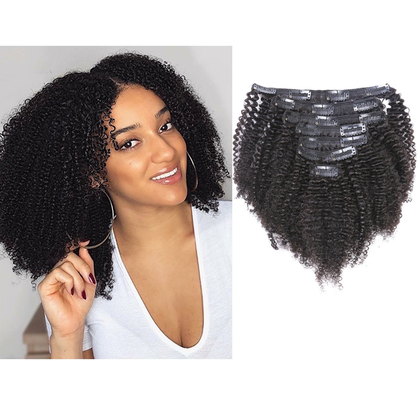Anrosa Extensiones de cabello rizado tipo afro 3C 4A con clip, extensiones de cabello humano para mujeres negras, color natural Remy real 1B, negro