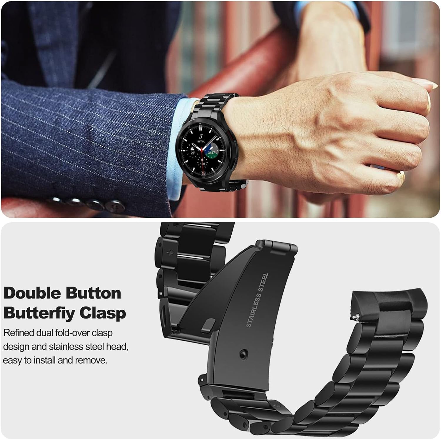 KOREDA Correas de metal sin brechas compatibles con Samsung Galaxy Watch 6 5 4 1.575 in 1.732 in, Galaxy Watch 5 Pro Band 1.772 inWatch 6 4 Classic