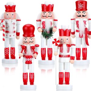 Juego de 5 adornos de cascanueces de Navidad, figuras de soldado de madera de bastón de caramelo con purpurina de 5 pulgadas, decoración colgante de Juego de 5 adornos de cascanueces de Navidad, figuras de soldado de madera de bastón de caramelo con purpurina de 5 pulgadas, decoración colgante de