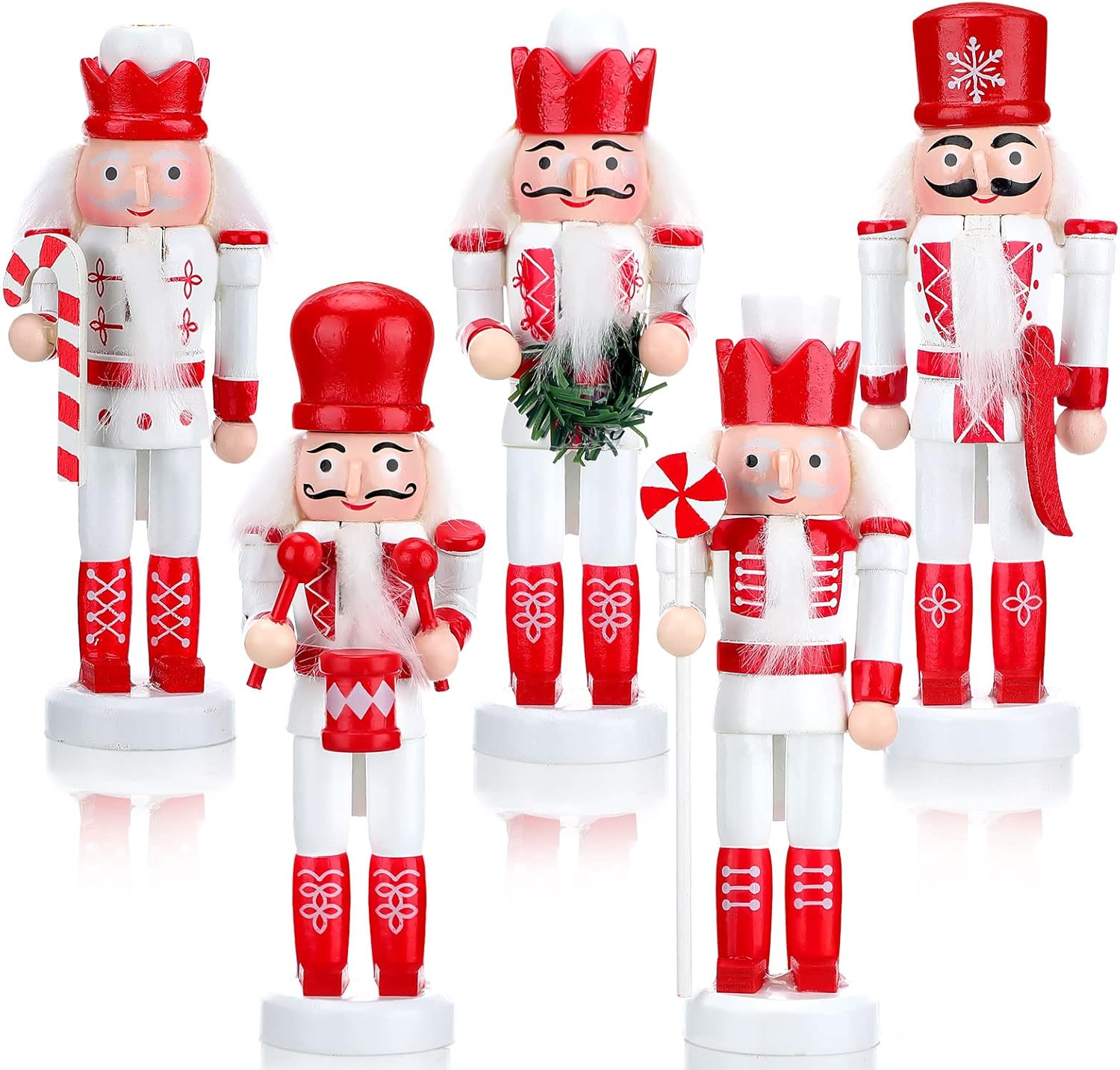 Juego de 5 adornos de cascanueces de Navidad, figuras de soldado de madera de bastón de caramelo con purpurina de 5 pulgadas, decoración colgante de