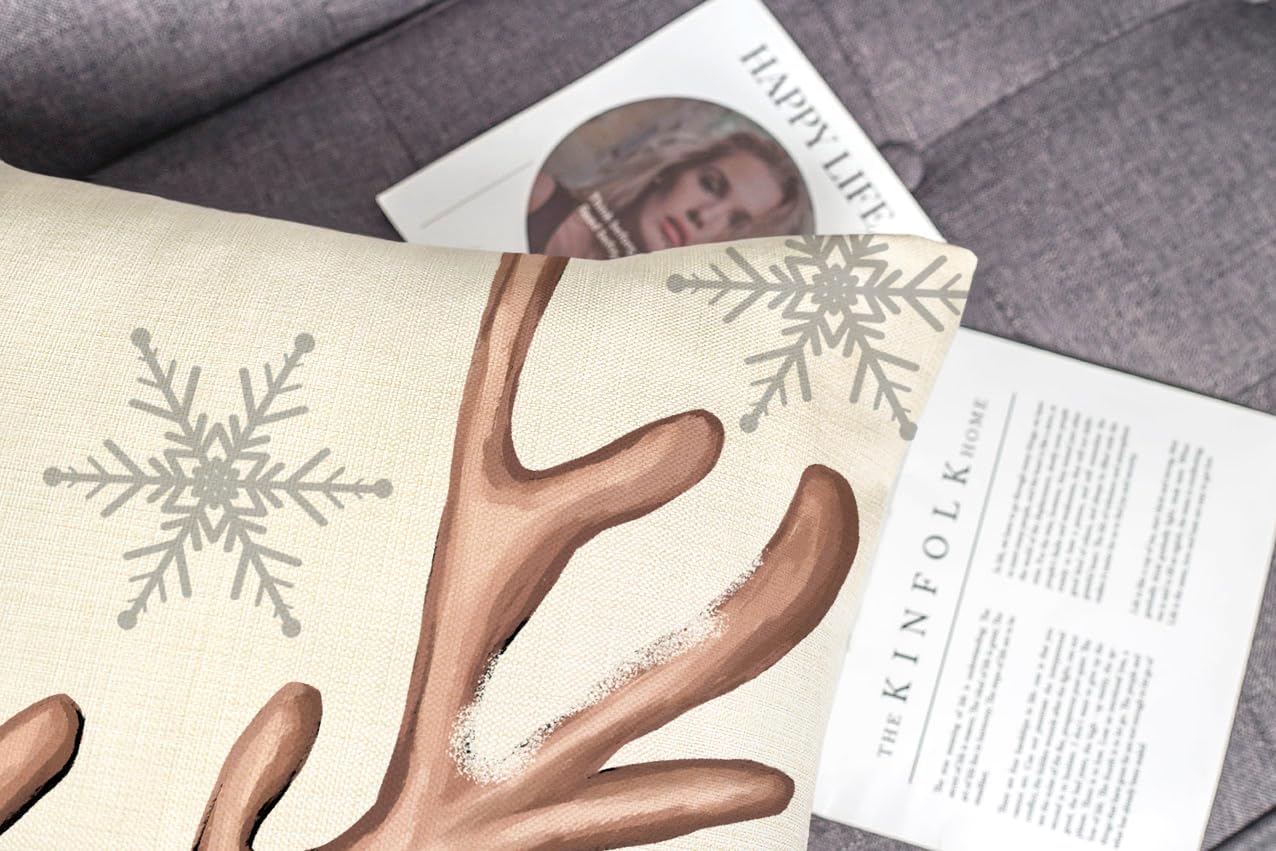 4TH Emotion Juego de 4 fundas de almohada navideñas de 18 x 18 pulgadas, decoración navideña de granja, muñeco de nieve, reno, eucalipto, camión,