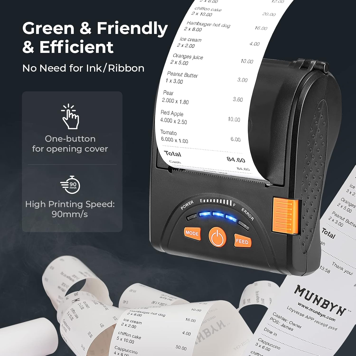 MUNBYN Mini impresora de recibos Bluetooth inalámbrica de 2.283 in y papel térmico de 2 14 x 50 pies (20 rollos), papel de recibo de 2.283 in sin BPA