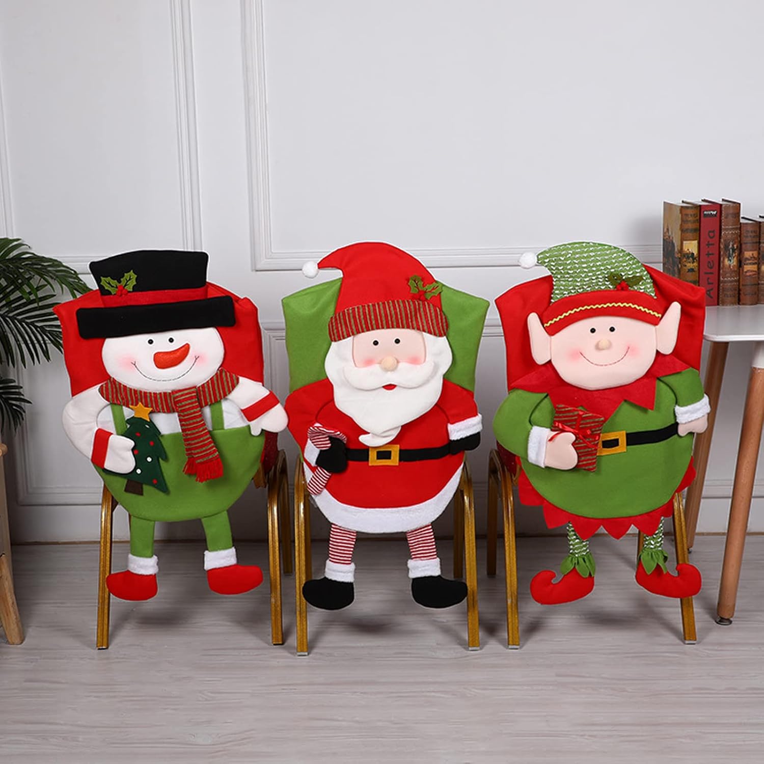 Paquete de 2 fundas para sillas de Navidad, de felpa, Papá Noel, muñeco de nieve, elfo, fundas de asiento de Navidad para sillas de comedor, fundas