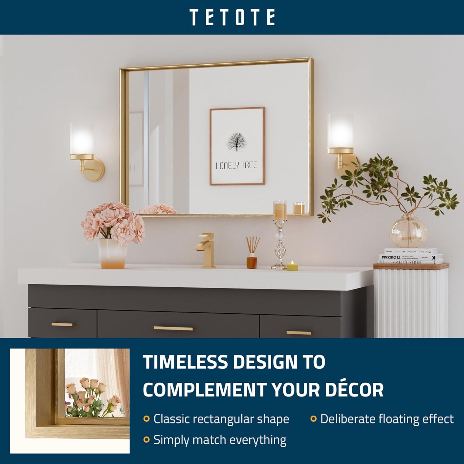 TETOTE Espejo de baño dorado cepillado de 40 x 30 pulgadas, espejo rectangular con marco dorado para tocador de baño, espejo de pared grande y