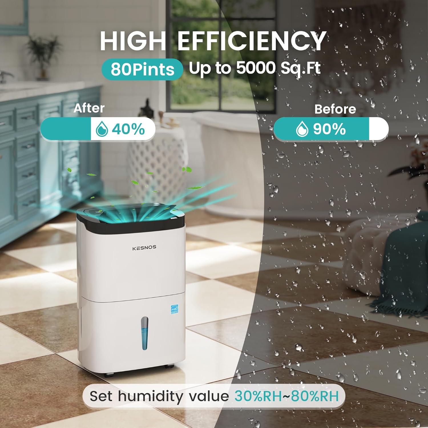 Kesnos Deshumidificador Energy Star de 80 pintas para espacio de hasta 5,000 pies cuadrados – Deshumidificador con manguera de drenaje, secado