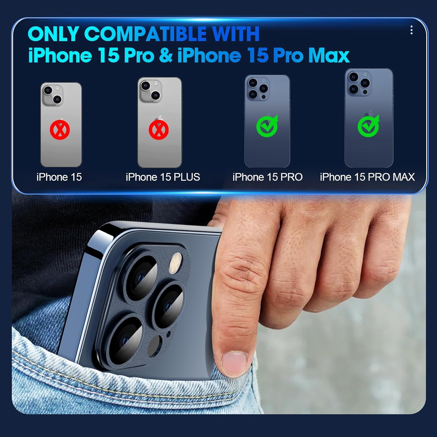 Protector de lente de cámara para iPhone 15 Pro  15 Pro Max, aleación 3D de metal y vidrio templado, protección de cobertura completa, 1 paquete