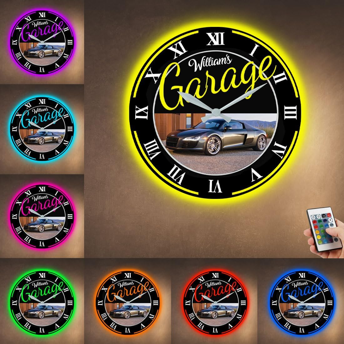 Attention Reloj de pared personalizado con foto para automóvil, luz de reloj de pared de garaje con nombre personalizado, reloj de pared de garaje