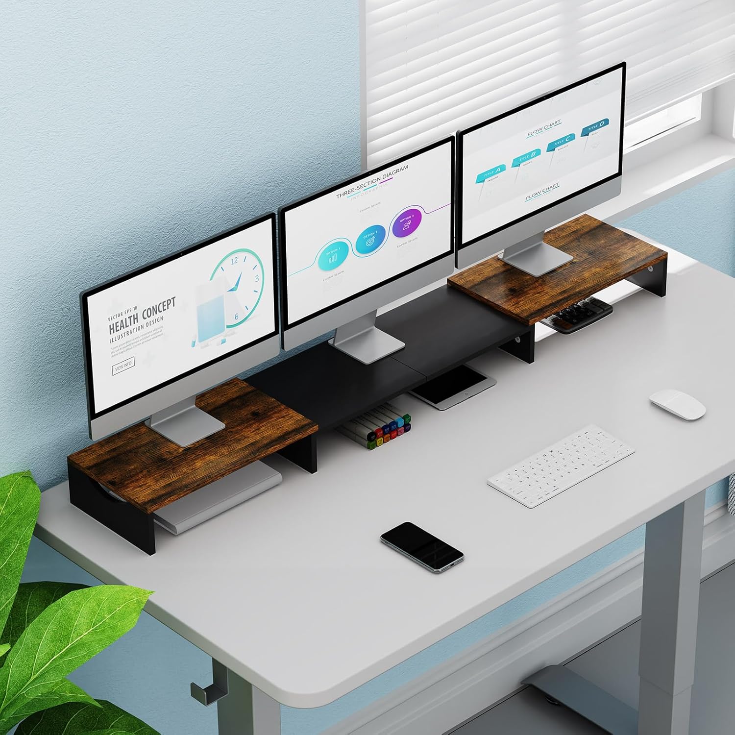 Elevador de monitor triple, elevador de monitor extra largo para 1  2  3 monitores, soporte de monitor doble con longitud y ángulo ajustable,