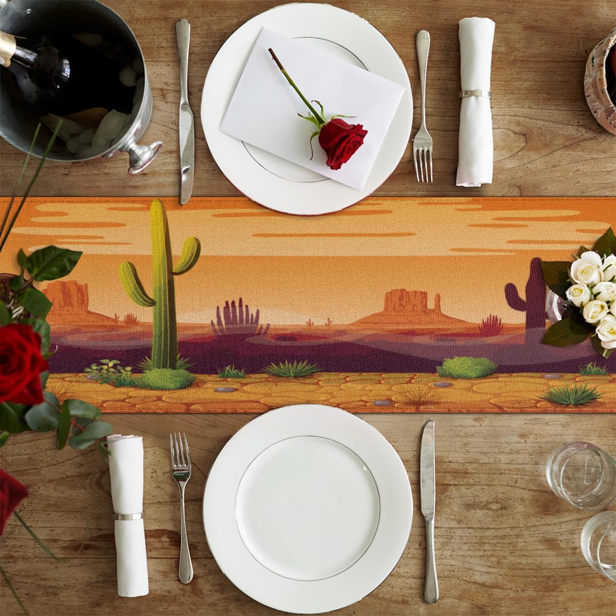 Table Runner Cartoon Cactus Desert Landscape, Rustic Linen Table Cloth, Kitchen Dining Table Decoration for Home Party Decor 13 x 48 Inches