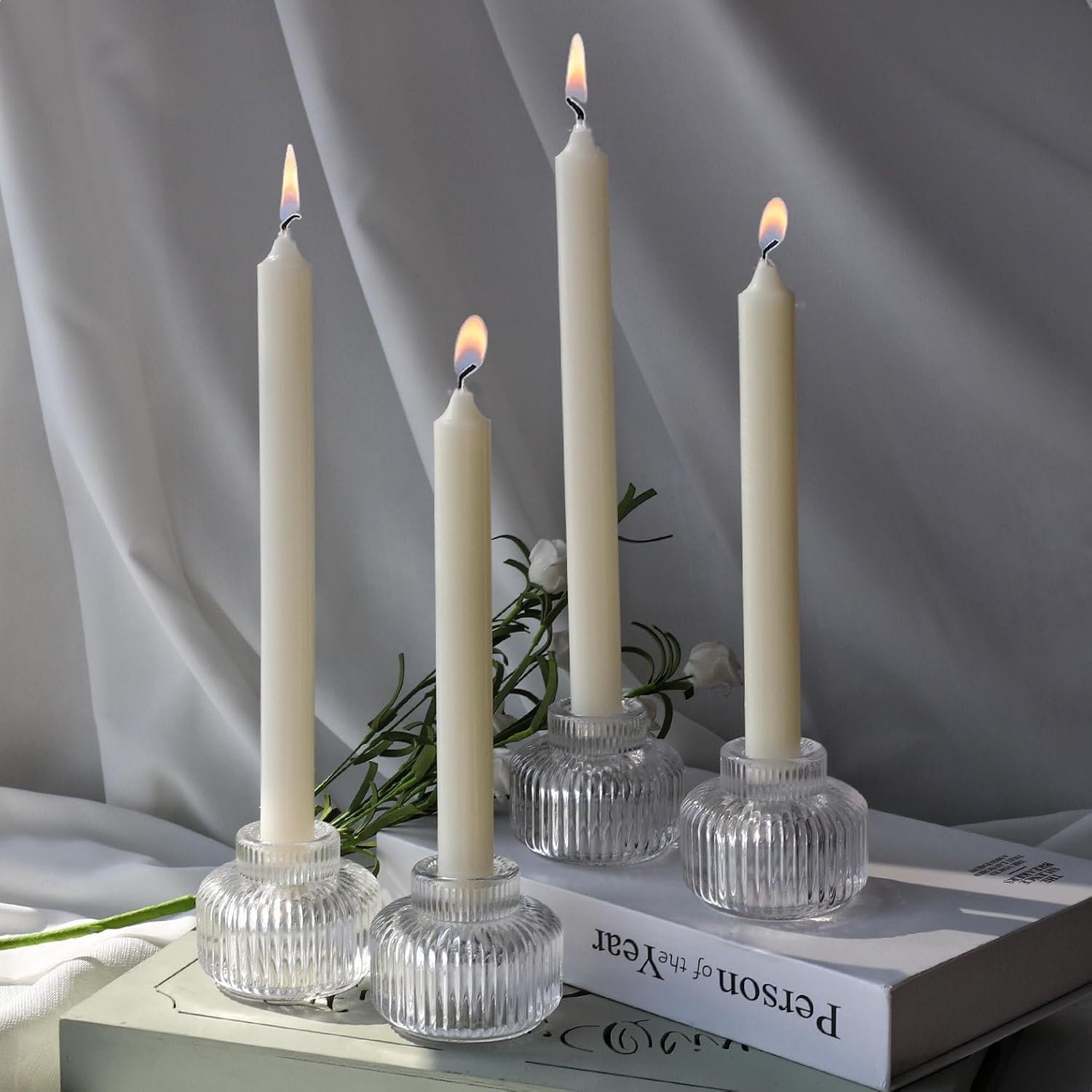 Woho Juego de 4 portavelas transparentes para mesa de boda, candelabros votivos de vidrio acanalado para fiesta de Navidad, decoración del hogar