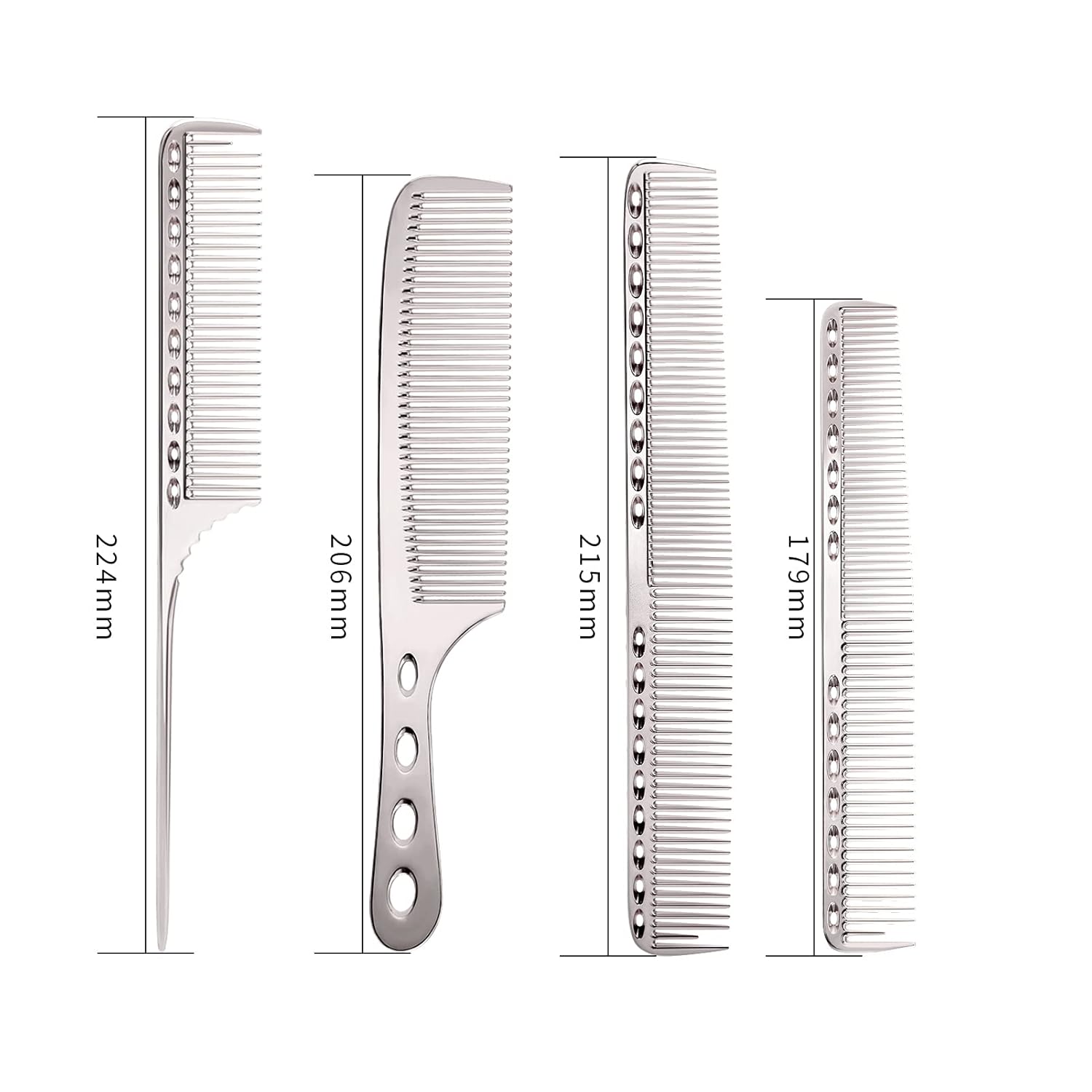 Peine de aluminio profesional, 4 tipos de peines de pelo de metal para peinar el cabello, incluido peine de corte de pelo largo, peine de peinado