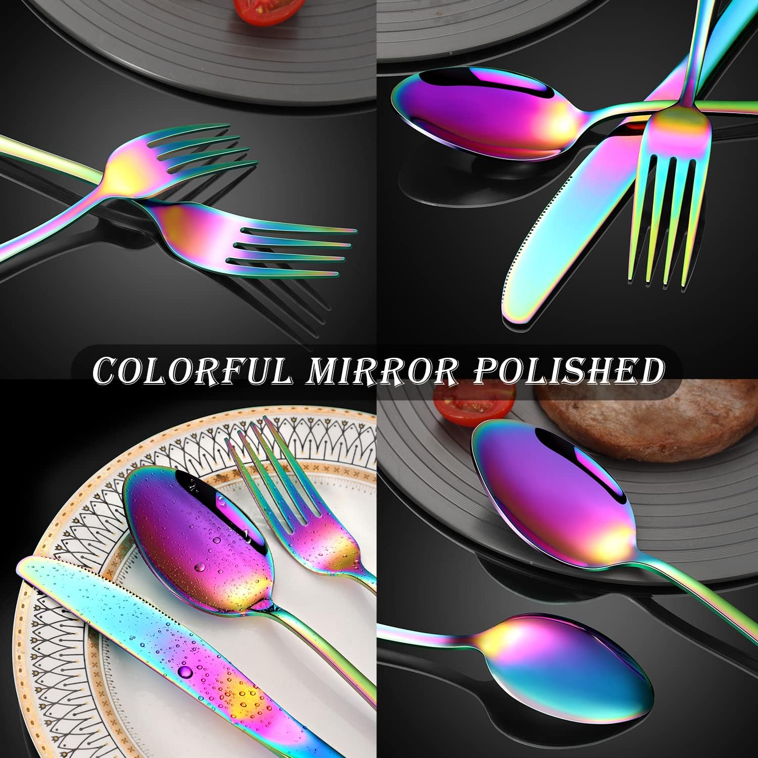 Juego de cubiertos de arcoíris de 20 piezas para 4, juego de cubiertos coloridos de acero inoxidable 180, juego de cubiertos de arcoíris pulido con