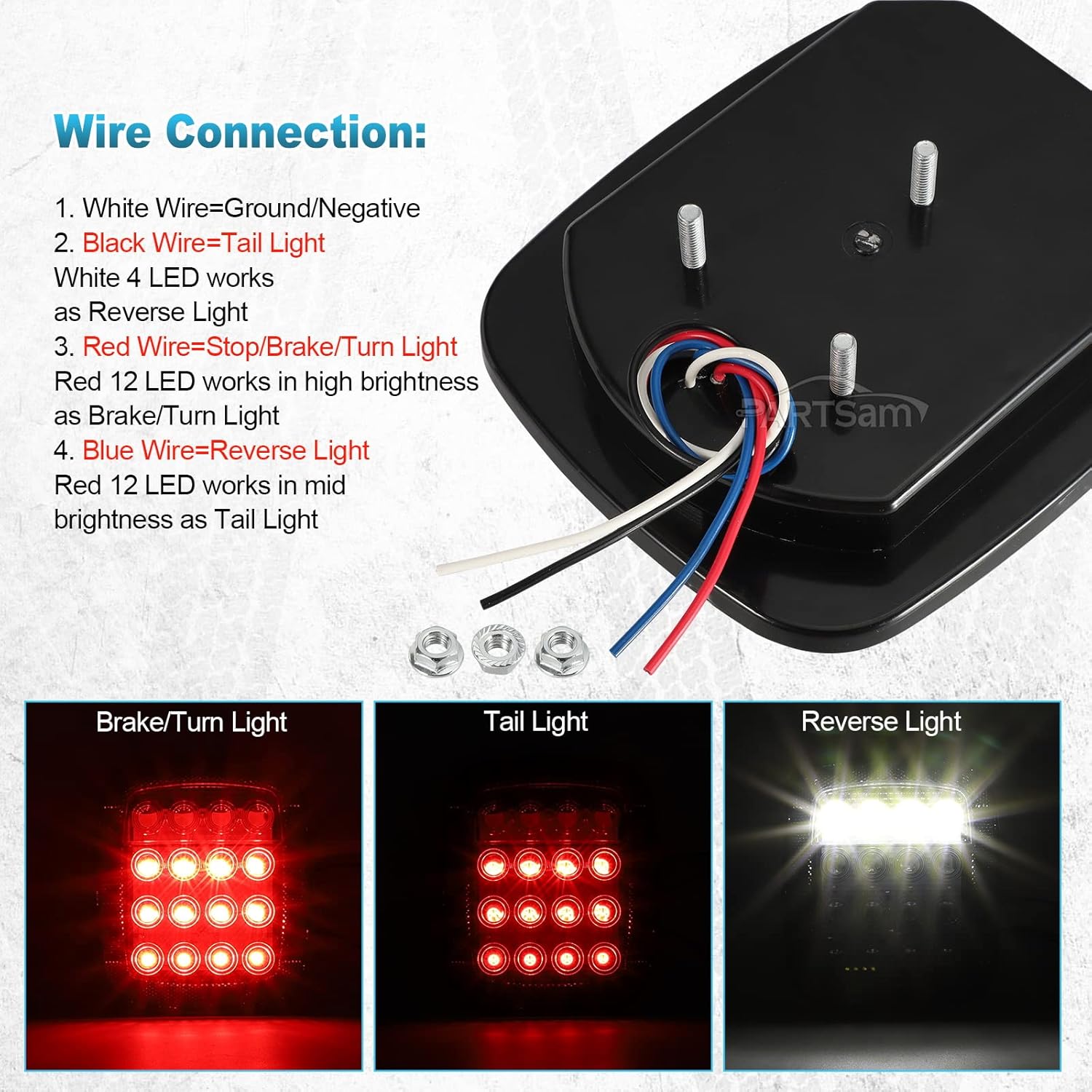 Partsam 2 luces traseras LED, 16 LED, combinación de luces traseras de freno de freno y marcha atrás, 12-5050, rojo 4-5050, lente ahumada blanca,