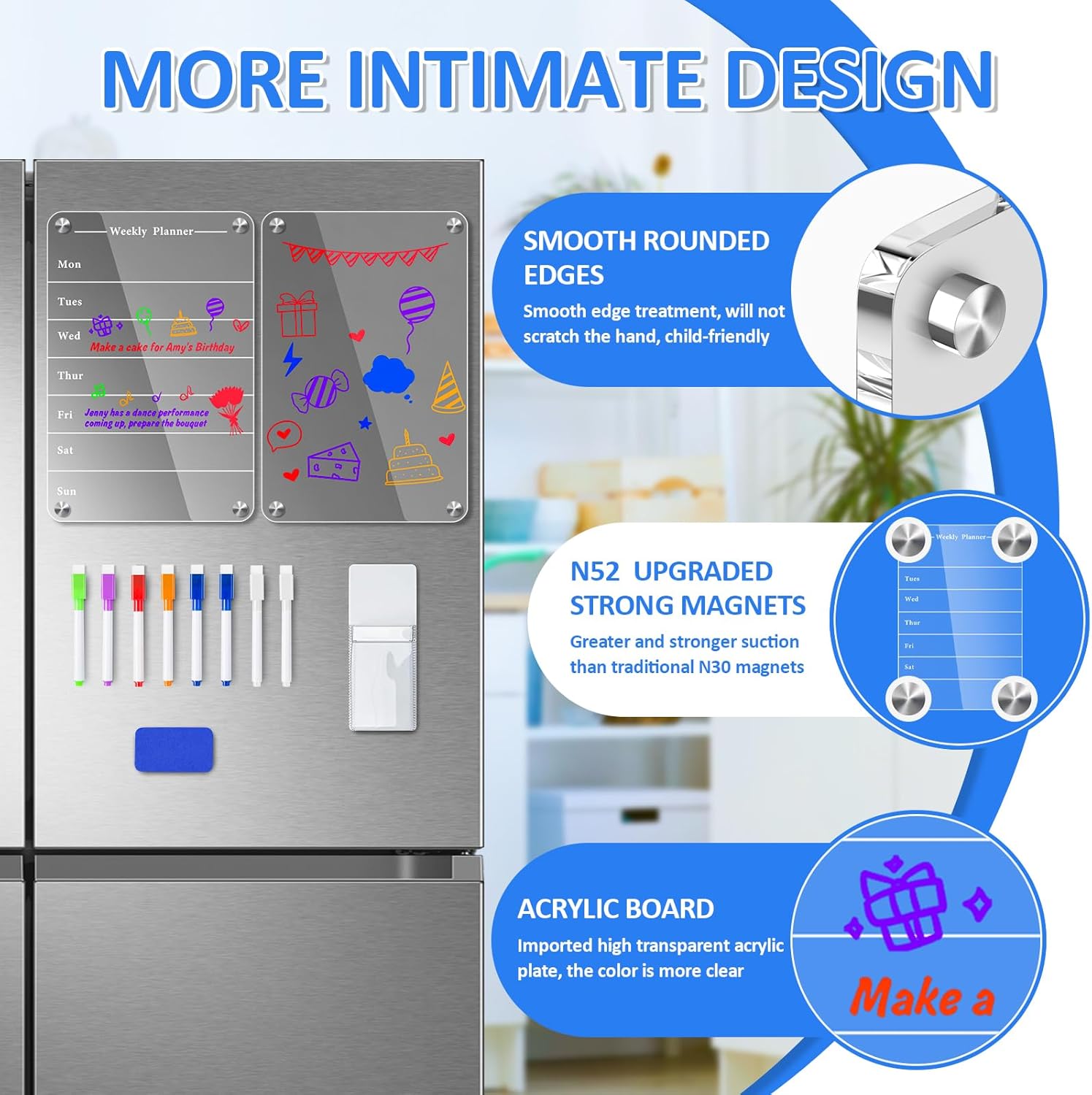 EAONE Calendario magnético acrílico para refrigerador, planificador semanal de borrado en seco transparente de 16 x 12 pulgadas y tablero de notas