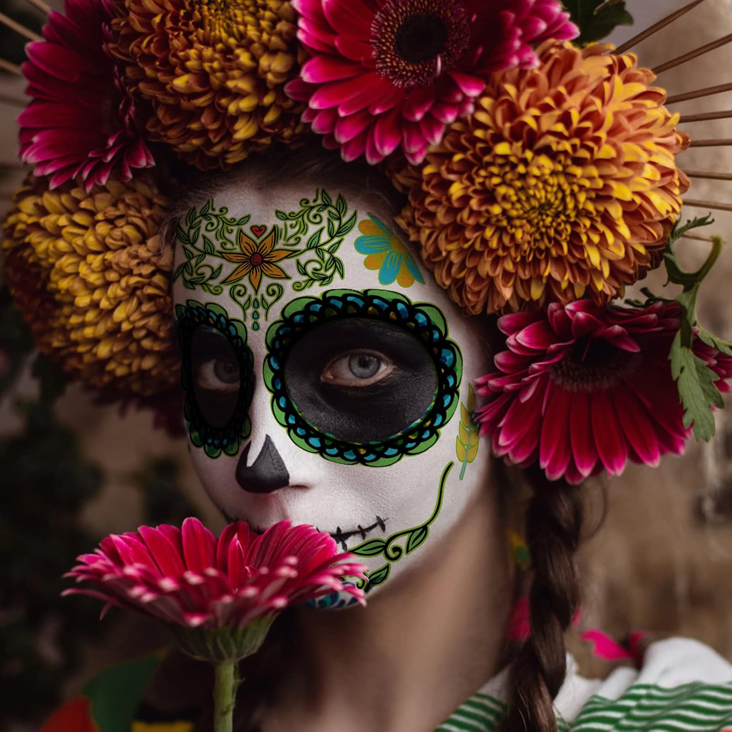 Kit de maquillaje de tatuajes de cara del día de los muertos, paquete de 10 tatuajes temporales de calavera de azúcar de Halloween para adultos,