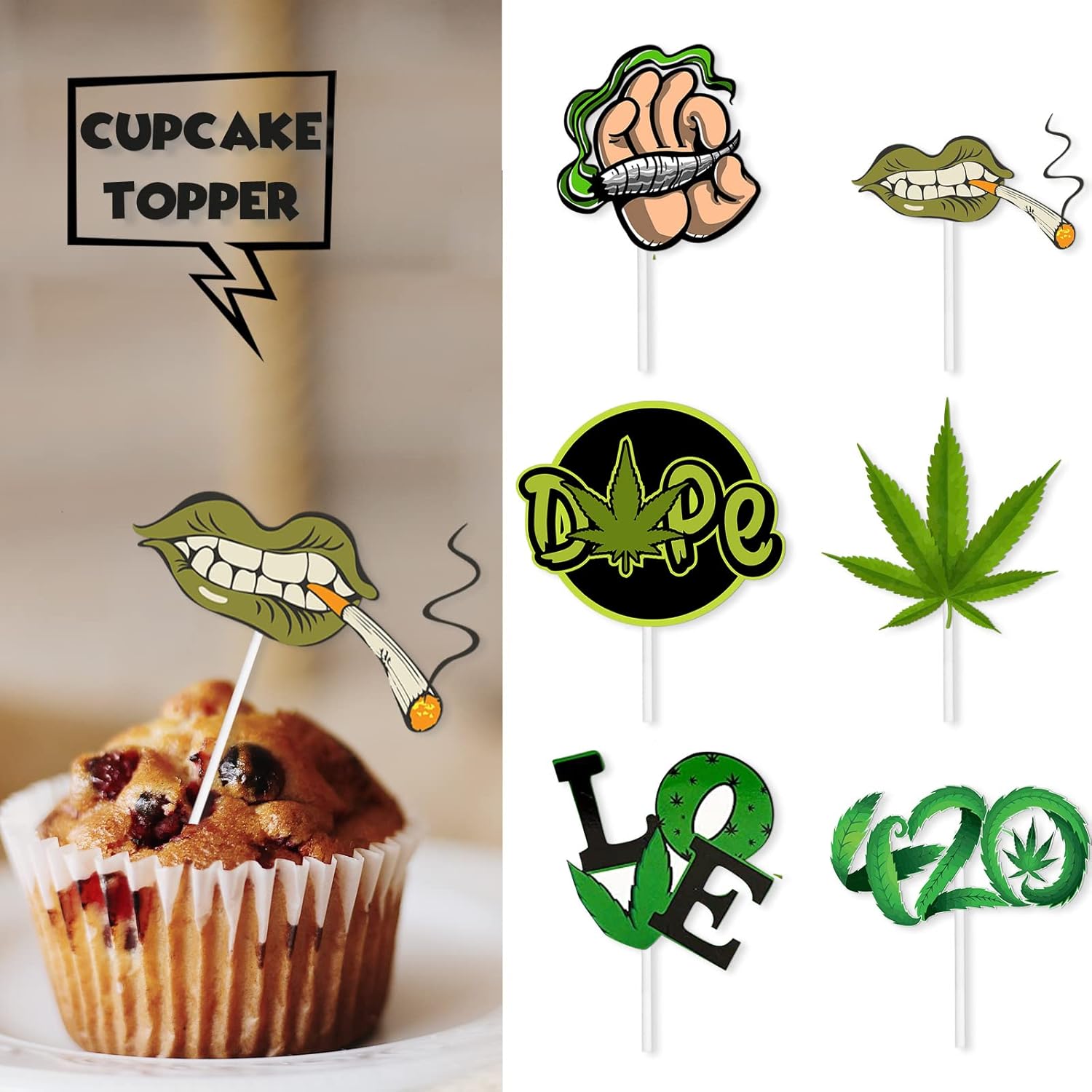 18 piezas de decoración de postre con purpurina verde para cupcakes, marihuana Have A Dope Theme Decor Supplies para niños y niñas, decoración de