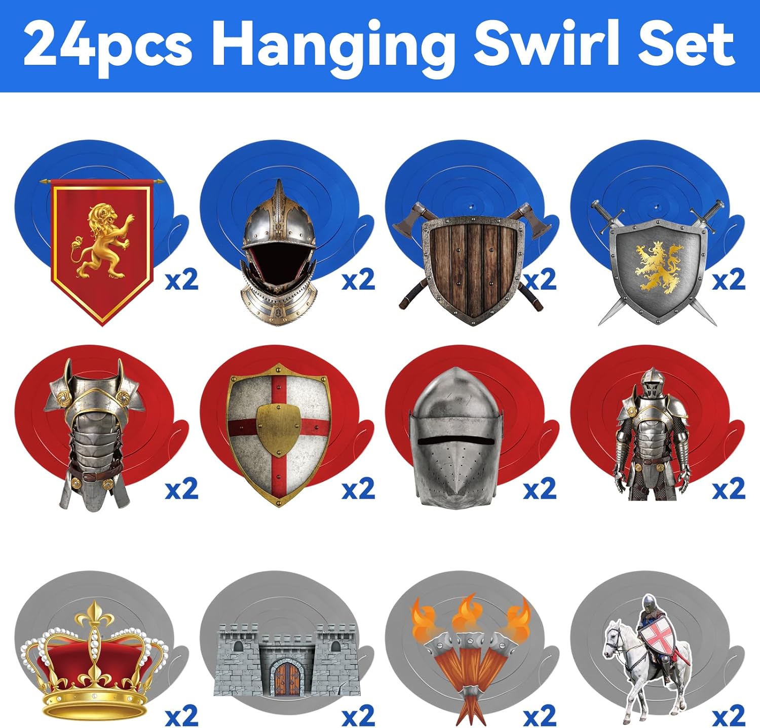 48 piezas de remolinos de cumpleaños de caballero medieval, decoraciones medievales para fiesta, serpentinas colgantes de pared, techo, espirales,