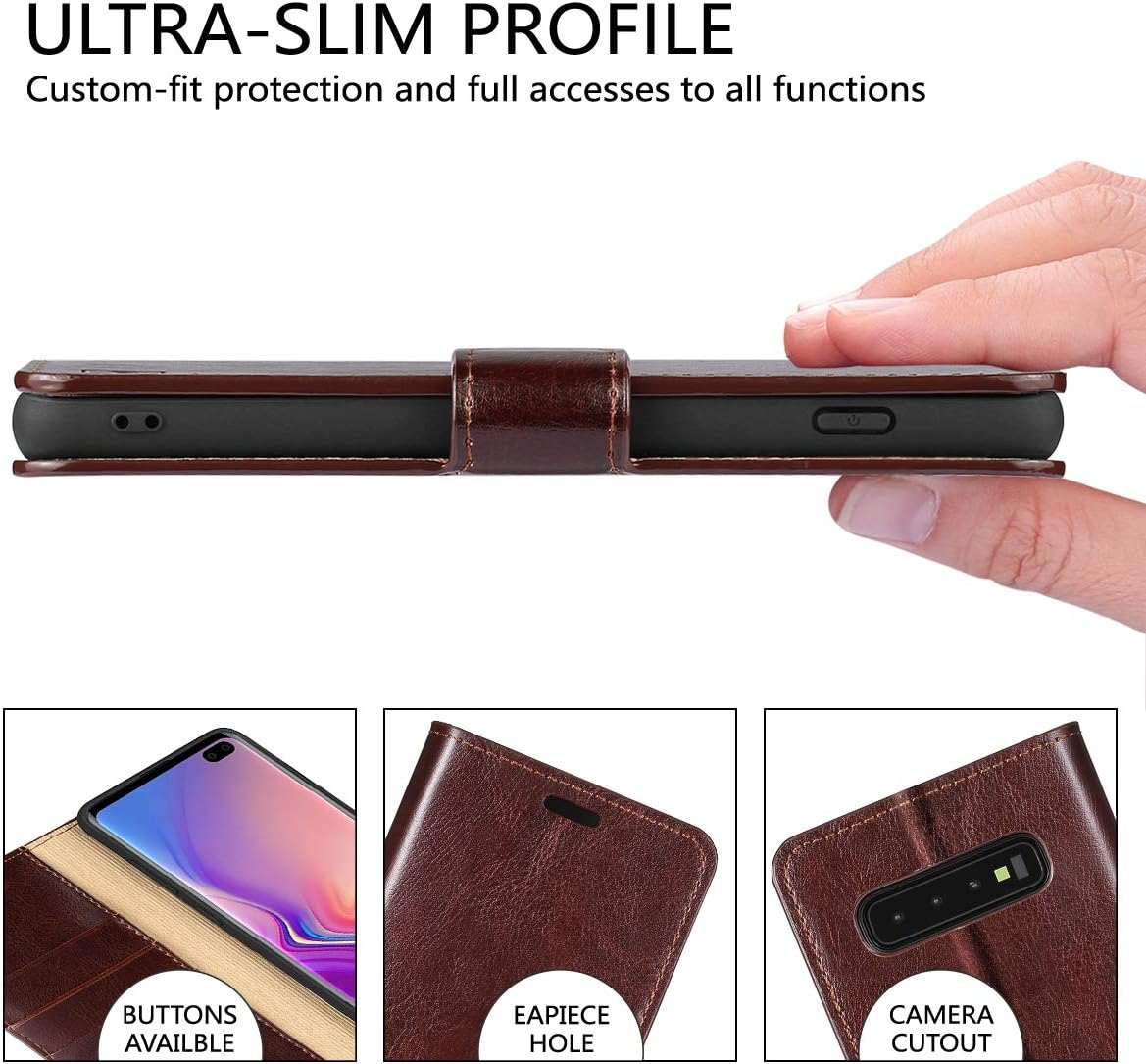 Belemay Funda tipo cartera para Samsung Galaxy S10, piel de vaca auténtica, funda tipo libro tipo folio, ranuras para tarjetero, bolsillos para