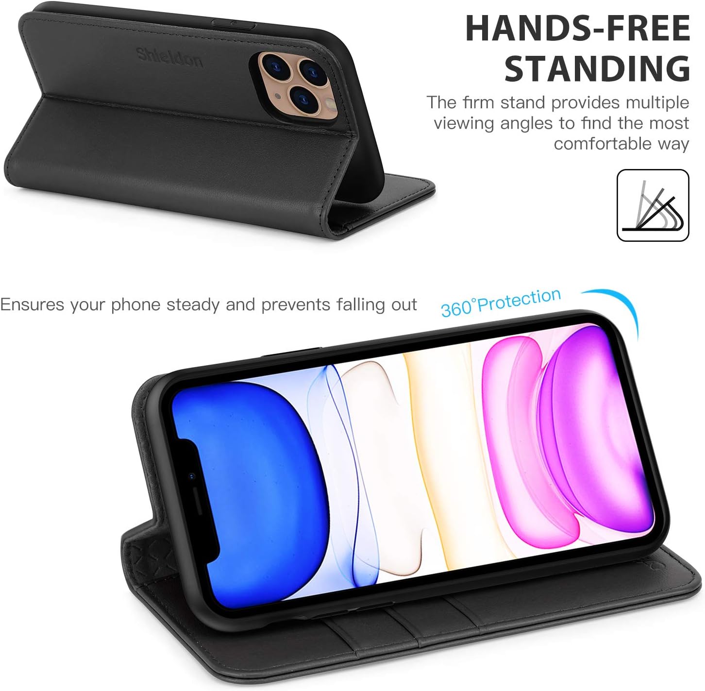 SHIELDON Funda para iPhone 11 Pro, de piel auténtica, con función de encendido y apagado automático, bloqueo RFID, ranuras para tarjetas, función