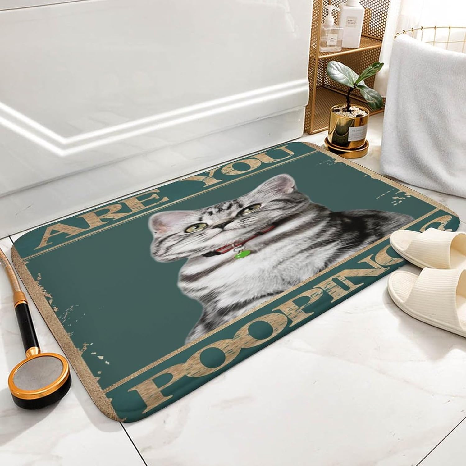 Divertido tapete de baño, tapete de baño con texto en inglés “are you pooping”, tapete de baño de gato, tapete de baño original, vintage, de estaño,