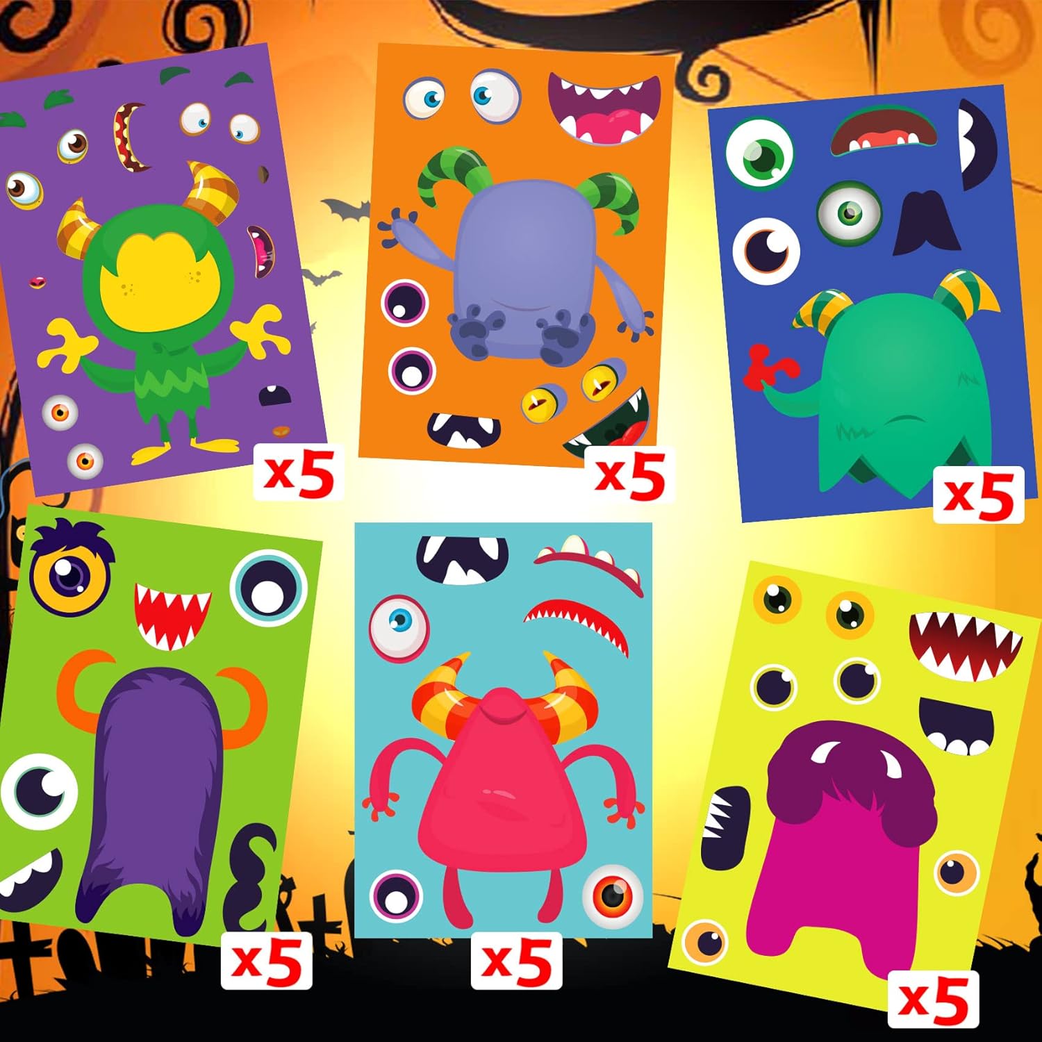 Funnlot Calcomanías de Halloween para niños, juegos de fiesta de Halloween, calcomanías para niños, calcomanías de monstruo, 30 unidades,