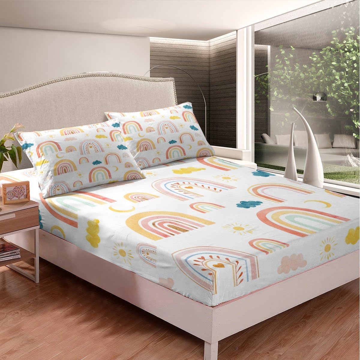 Feelyou Juego de sábanas tamaño matrimonial Kawaii Cloud Rainbow para niños, juego de sábanas para niños, ultra suaves y encantadoras, con bolsillo