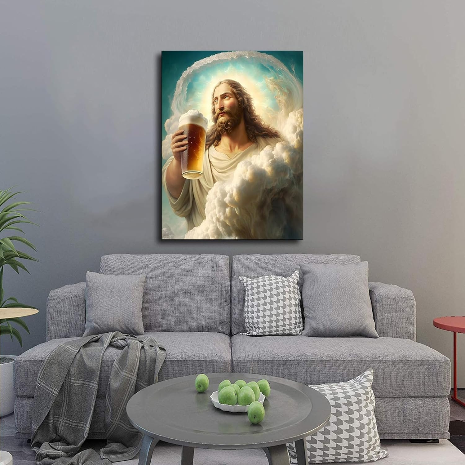 Póster divertido de cerveza de Jesús, imagen artística de cristal humorística de Cristo bebiendo cerveza, póster para sala de estar, oficina, póster