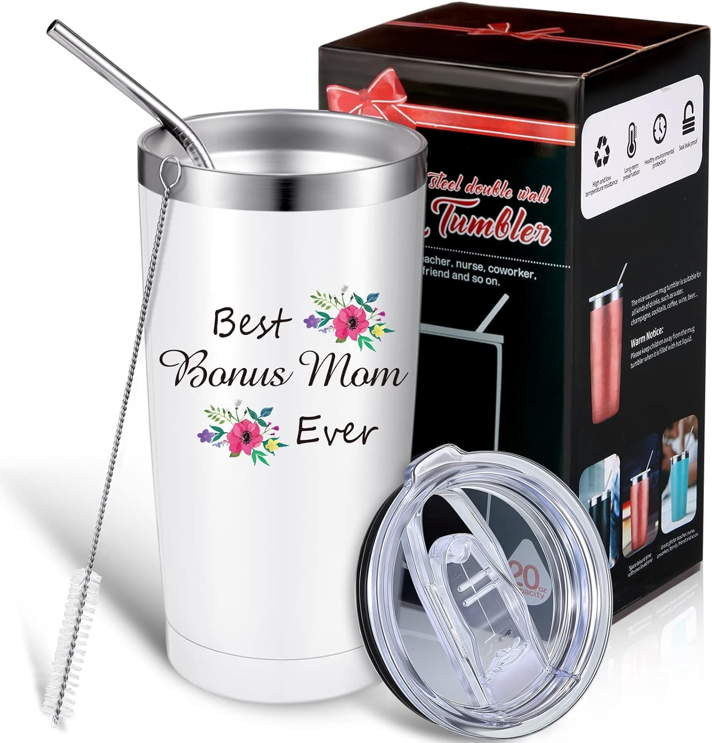 Best Ever Mom – Vaso de 20 onzas con tapa, cepillo para popote y caja de regalo (color blanco)