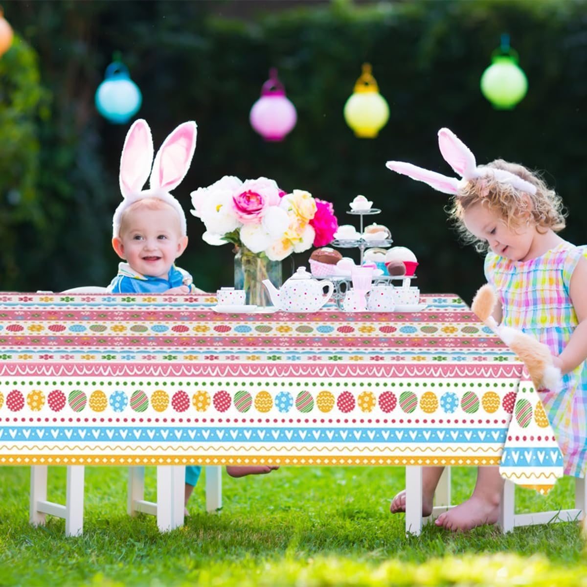 Paquete de 3 manteles de Pascua, mantel de huevos de conejo de Pascua, mantel rectangular de plástico desechable de 54 x 108 pulgadas, para