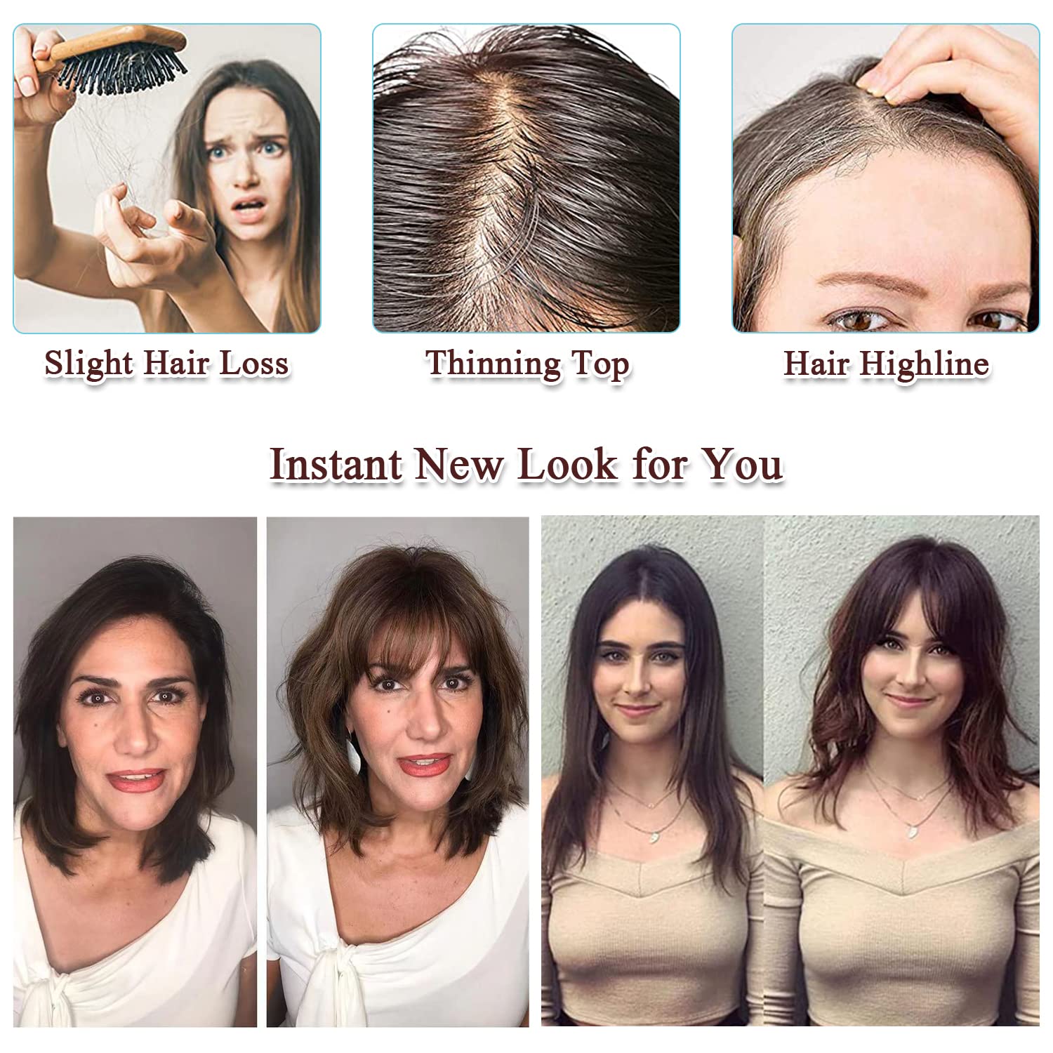 UDU Toppers para el cabello para mujer, adornos de cabello humano real para mujeres con cabello fino, adornos marrones, pasteles de pelo con