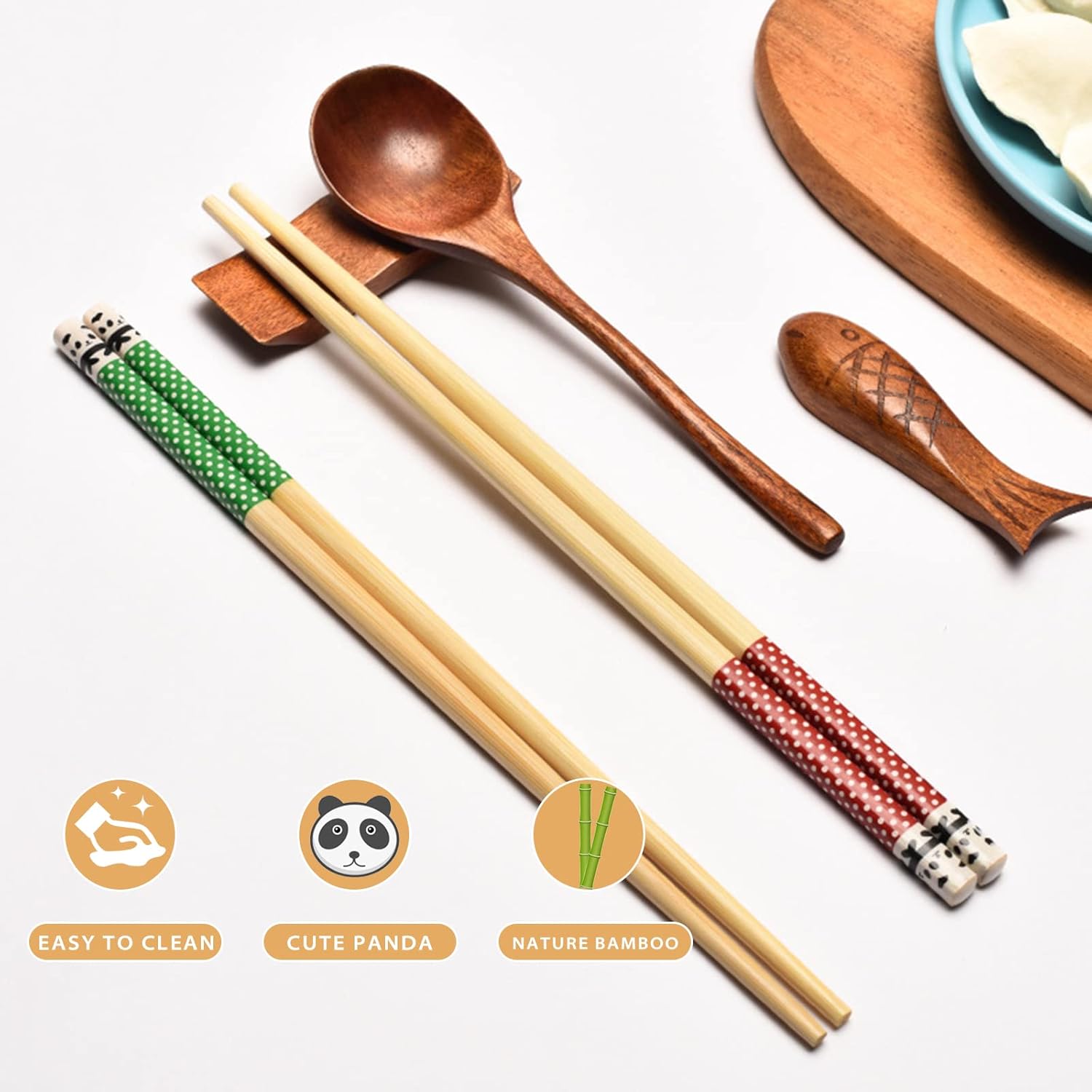 Juego de 5 pares de palillos reutilizables de bambú natural con estampado de panda, palillos antideslizantes para fideos de arroz y sushi, vajilla