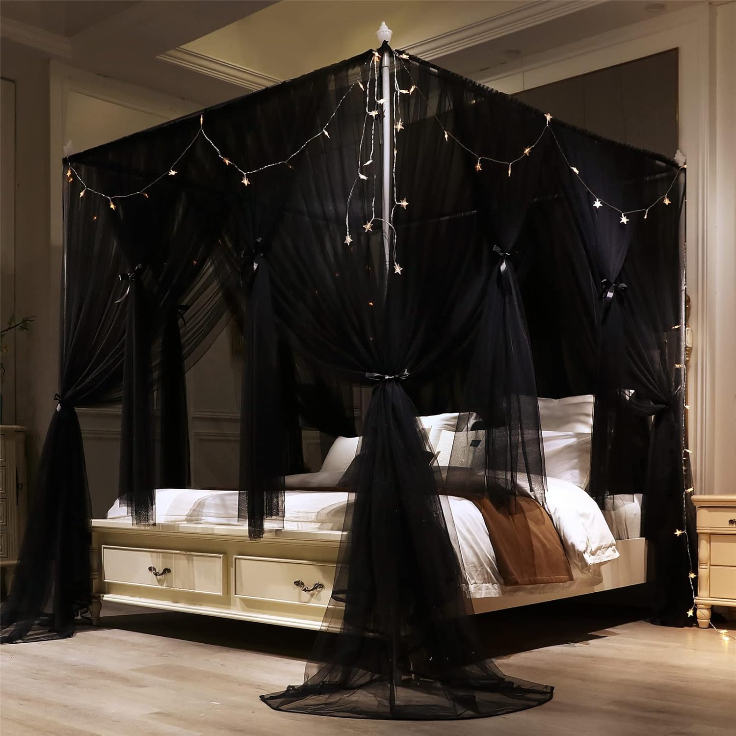 VETHIN 4 Corners Post Princess Bed Canopy Curtain Double Layer Cozy Drape Netting 4 Opening Mosquito Net for Girls & Adults Bedroom Decoration