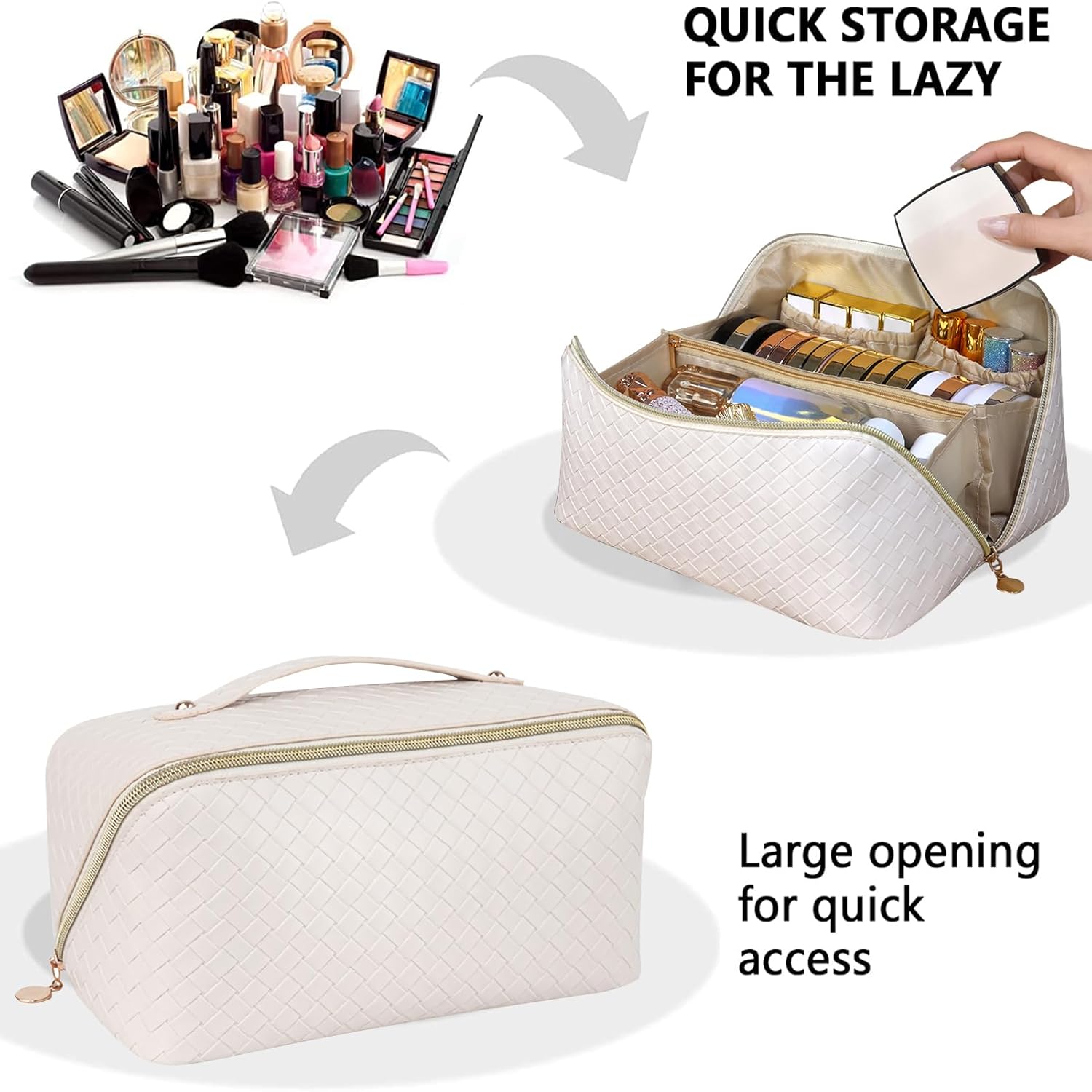 ISILANDON Bolsa de cosméticos de viaje de gran capacidad  Piel sintética impermeable, bolsa de maquillaje portátil para mujer con asa y divisor