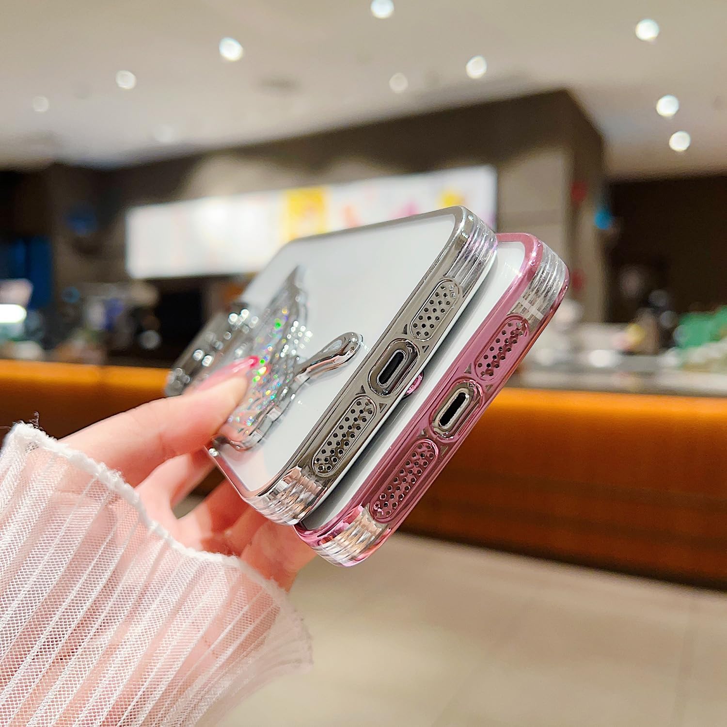 Ownest Funda compatible con iPhone 14 Pro Max con purpurina de lujo, diseño estético chapado en mariposa, funda para teléfono para mujeres,