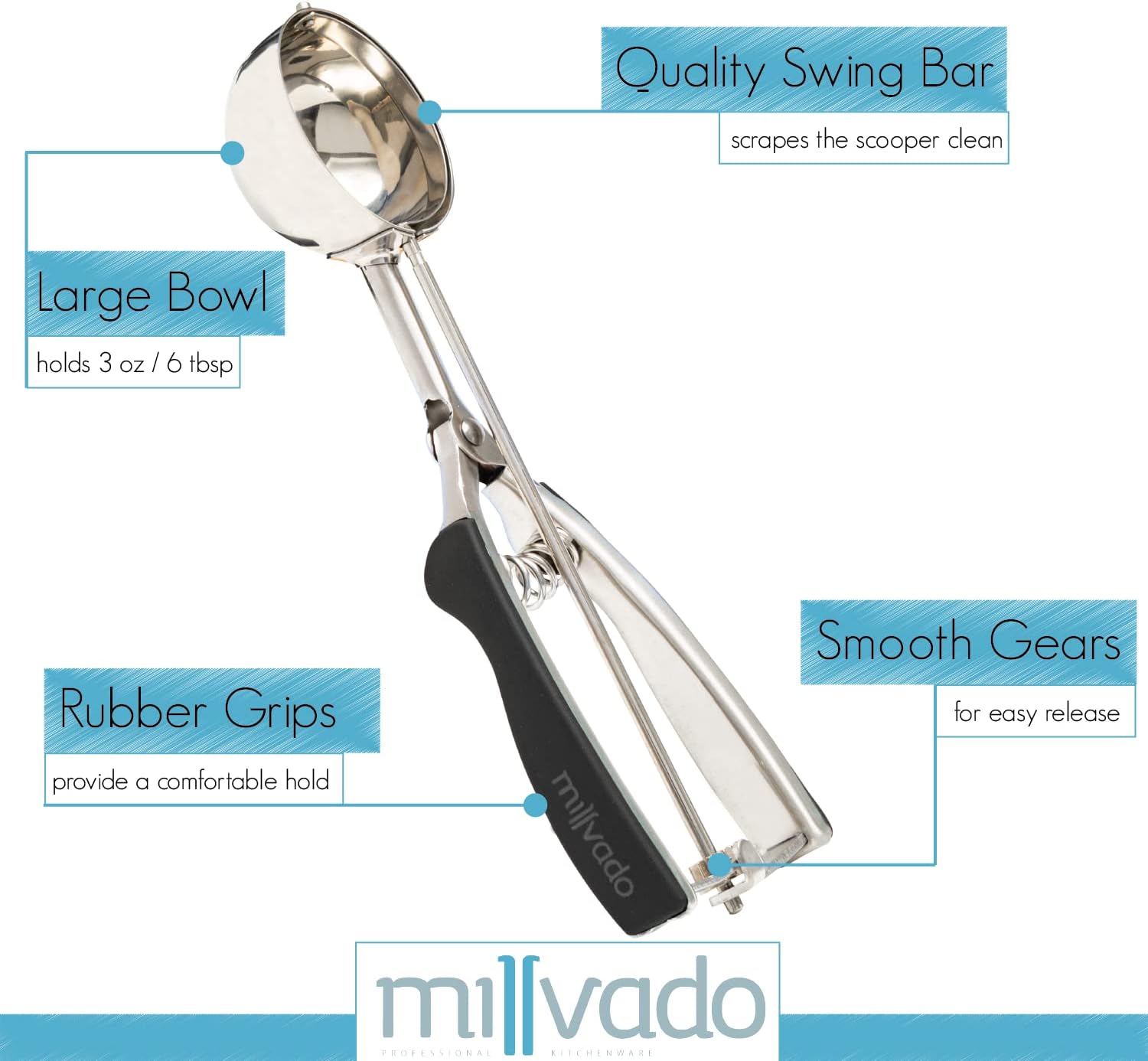 Cuchara de acero inoxidable para helado y galletas, tamaño grande, con agarres de goma negra, diseño de palanca con resorte, para sorbete, melón,