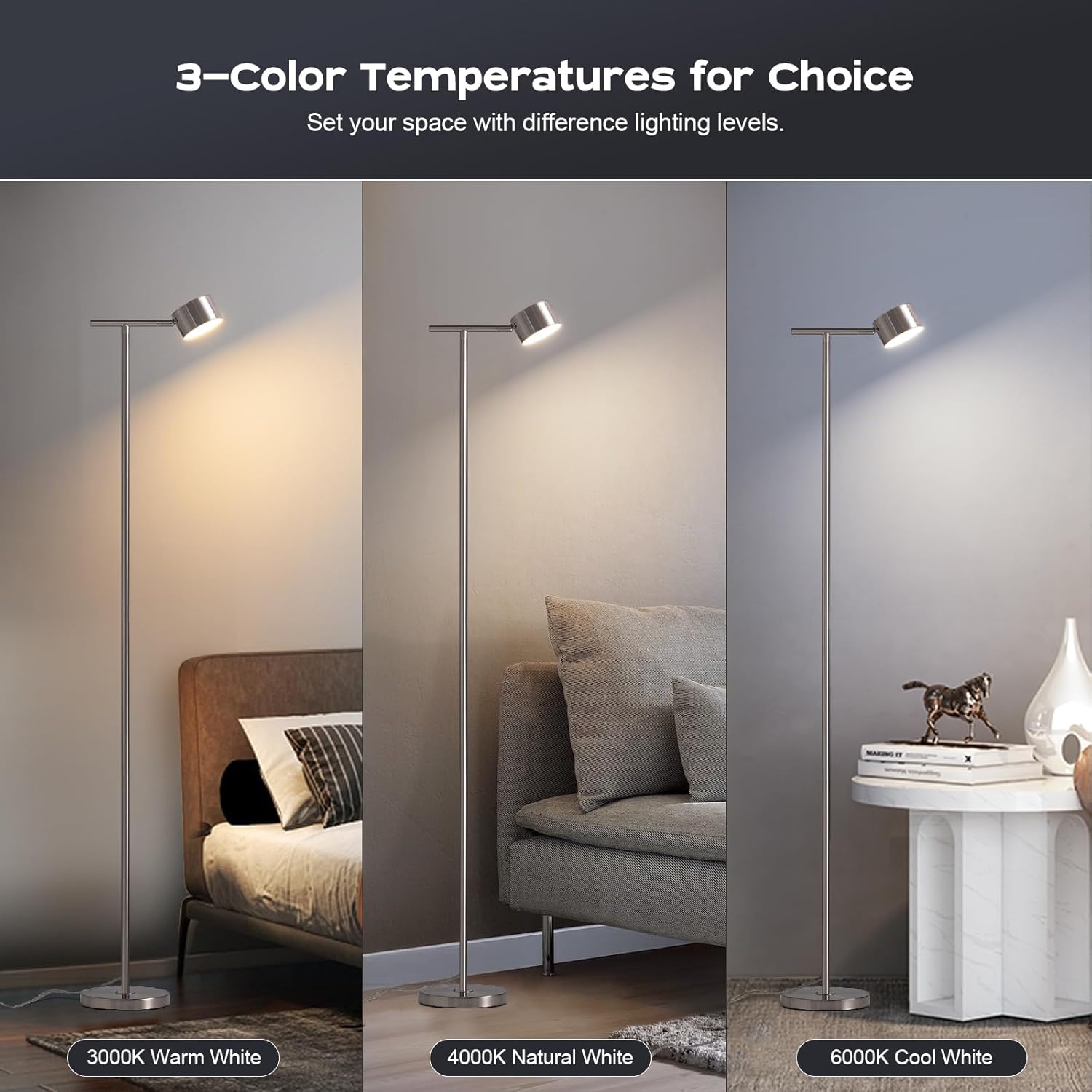 FIGDIFOR Lámpara de pie para dormitorio, lámpara de lectura de pie de 3 temperaturas de color con tapa de lámpara flexible, lámparas de pie modernas