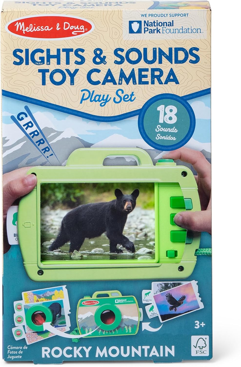 Melissa & Doug Juego de cámara con paisajes y sonidos de las Montañas Rocosas, Juego de cámara de juguete de madera – Tarjetas de fotos hacen