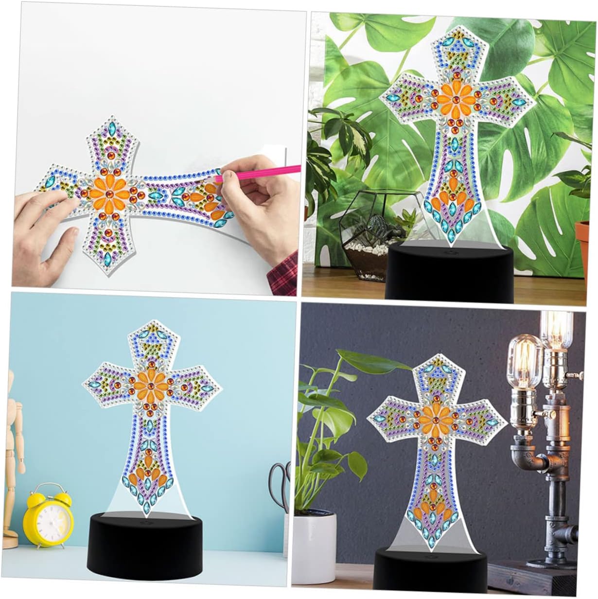 DOITOOL Lámpara de cruz de luz de cruz DIY diamantes de imitación pintura manualidades regalos religiosos lámpara de mesa decorativa lámpara de