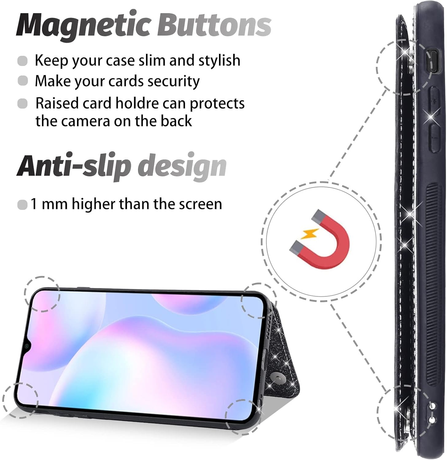 Asuwish Funda de teléfono para Xiaomi Redmi 9A Redme 9i Funda tipo cartera con protector de pantalla y soporte para tarjetas de crédito, accesorios