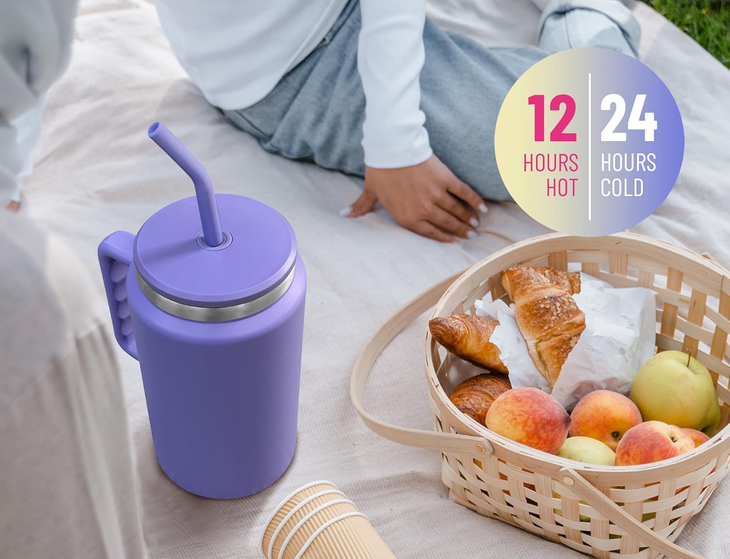DLOCCOLD Vaso de 50 onzas con asa y tapa con popote, jarra de viaje grande aislada de acero inoxidable con asa, botella de agua reutilizable de