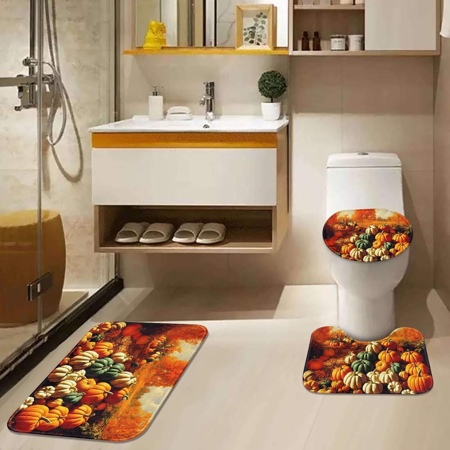 ArtSocket Juego de baño de Acción de Gracias con cortina de ducha y alfombras y accesorios, juego de cortinas de ducha naranja cosecha de madera