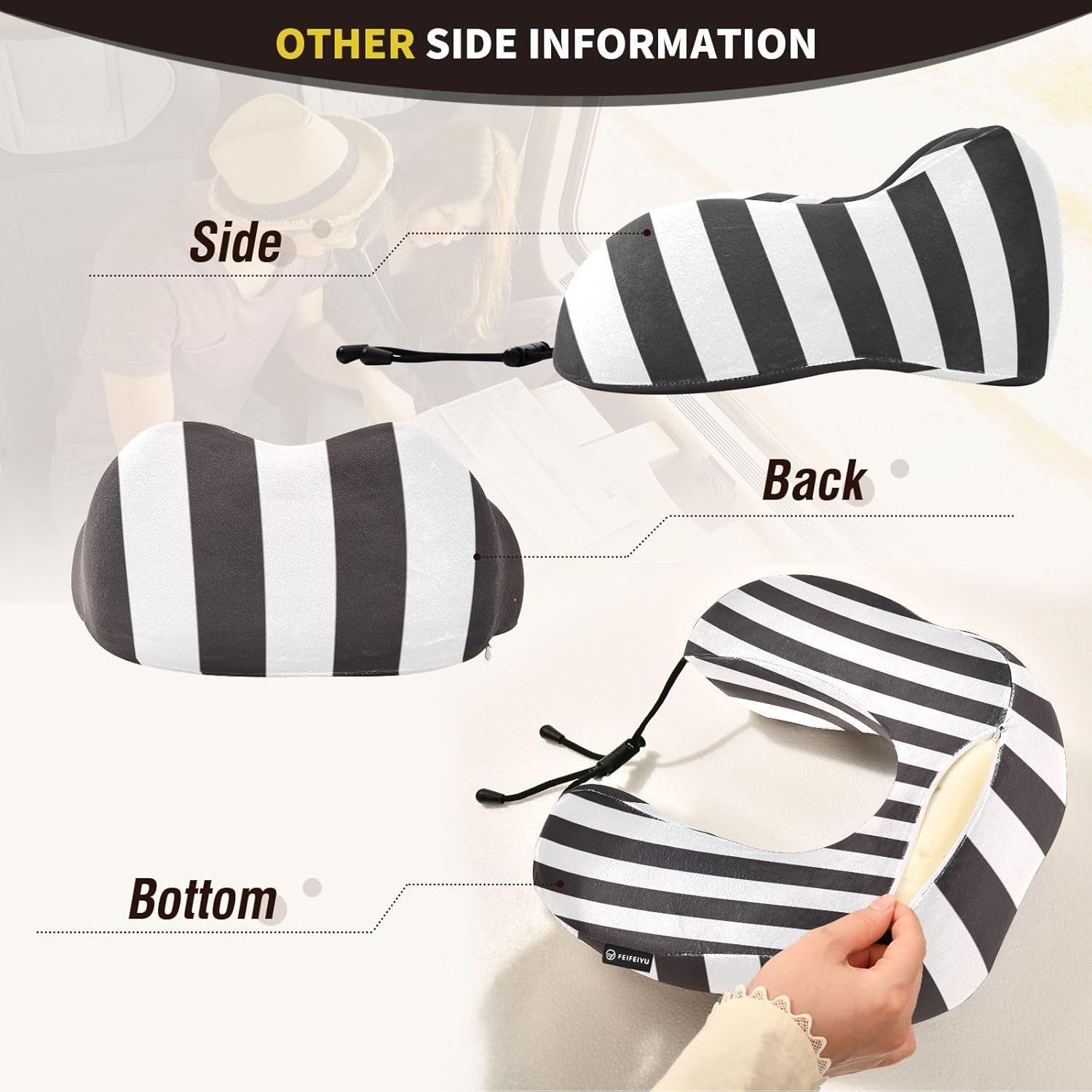 Almohada portátil para el cuello de las rayas negras y blancas que viajan, almohada del avión de la forma de U, niños de la almohada del viaje