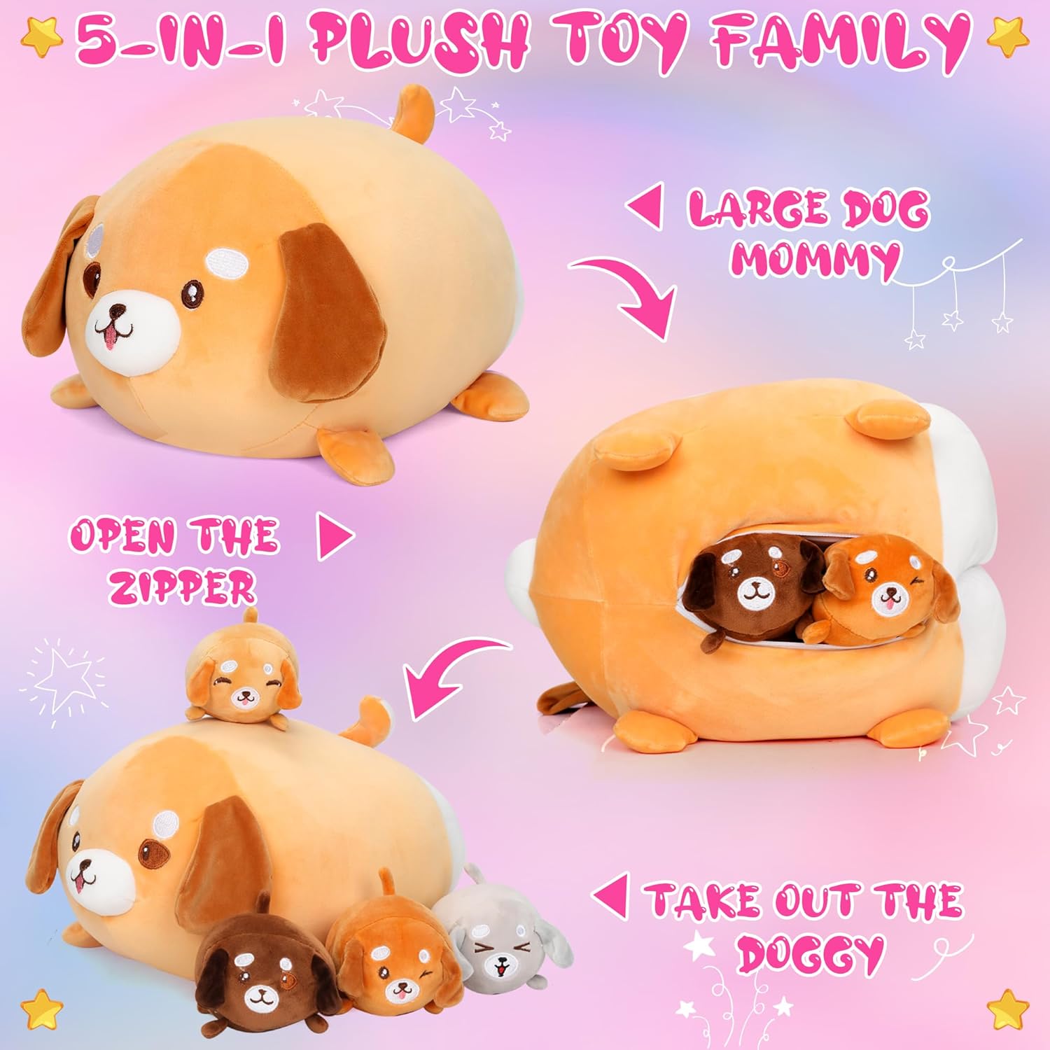 Zakeml 5 almohadas de felpa de perro Corgi de 15 pulgadas, animal de peluche Corgi con 4 peluches de bebé Corgi, almohada de felpa suave para perro,
