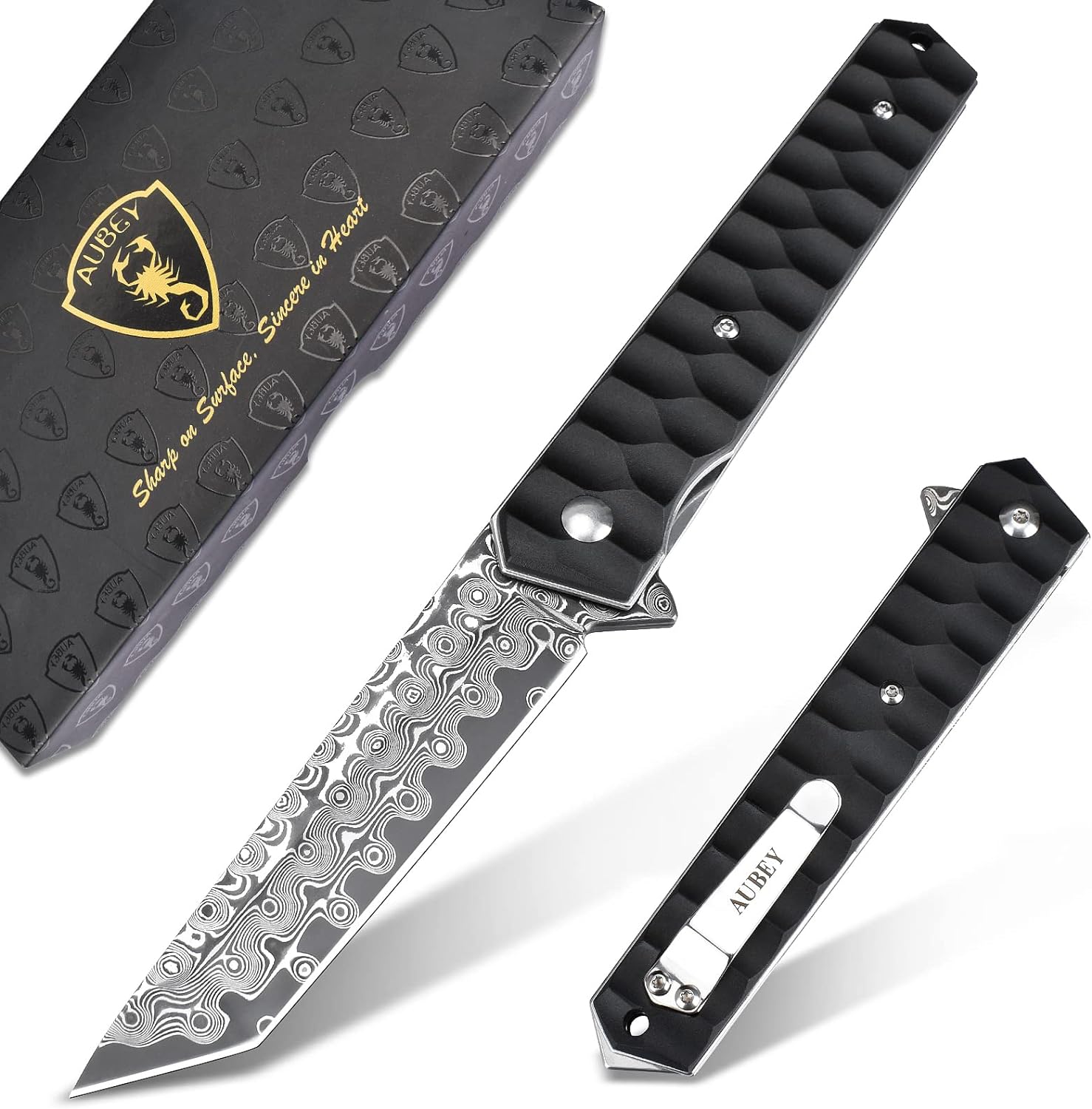 AUBEY Cuchillo de bolsillo de Damasco con clip para hombres y mujeres, cuchillos plegables de acero de Damasco con rodamiento de bolas, mango
